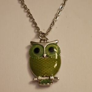 Silver and Green Owl Pendant Necklace